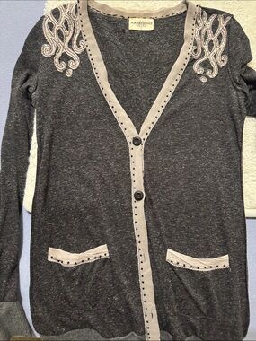 Miss Me Charcoal Gray Embroidered V-Neck Cardigan